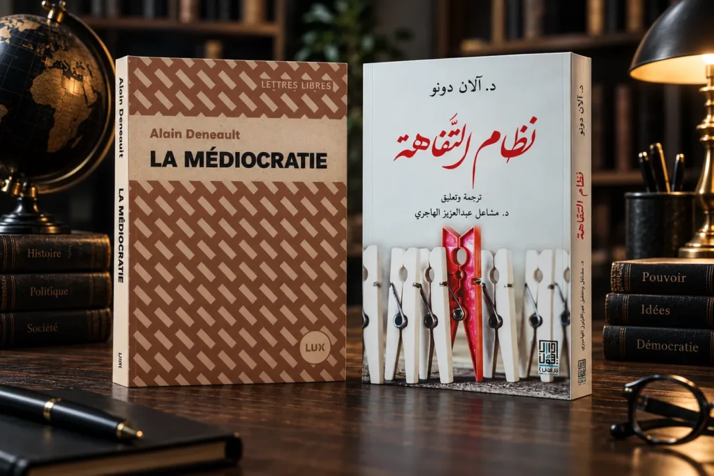 غلافا كتاب La Médiocratie ونظام التفاهة لآلان دونو بالفرنسية والعربية.