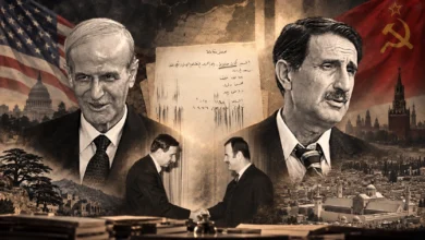 تصميم يجمع حافظ الأسد وكمال جنبلاط مع غلاف محضر لقائهما وصورة مصافحتهما والجامع الأموي