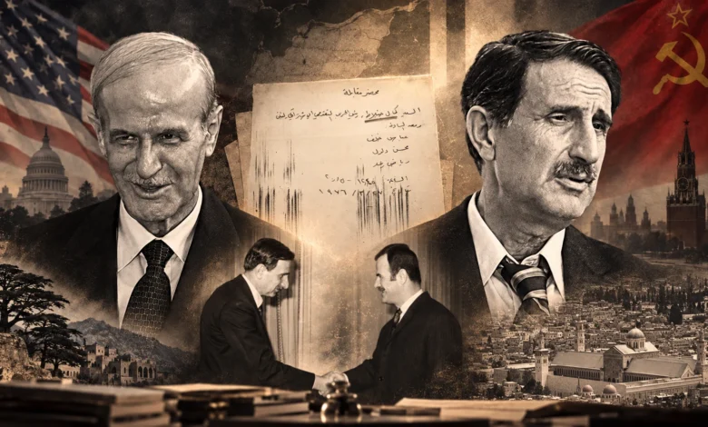 تصميم يجمع حافظ الأسد وكمال جنبلاط مع غلاف محضر لقائهما وصورة مصافحتهما والجامع الأموي